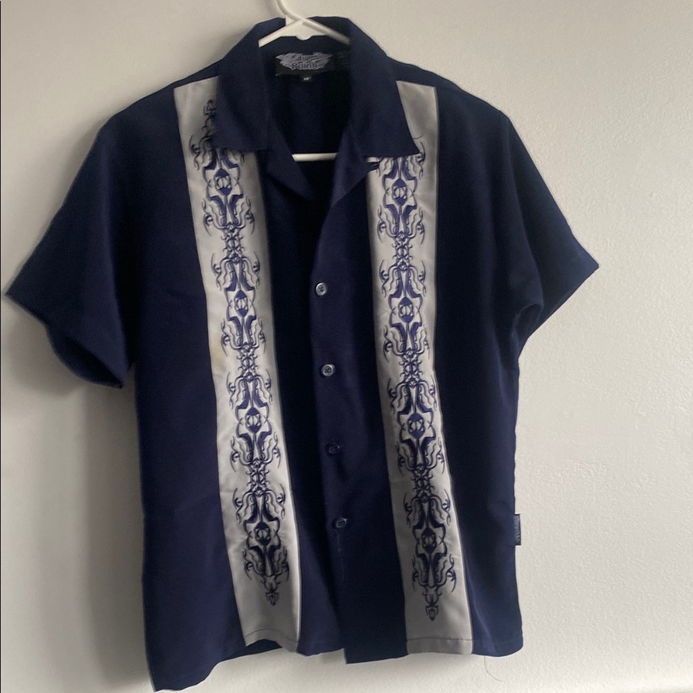 Men's Navy and White Short Sleeve Shirt